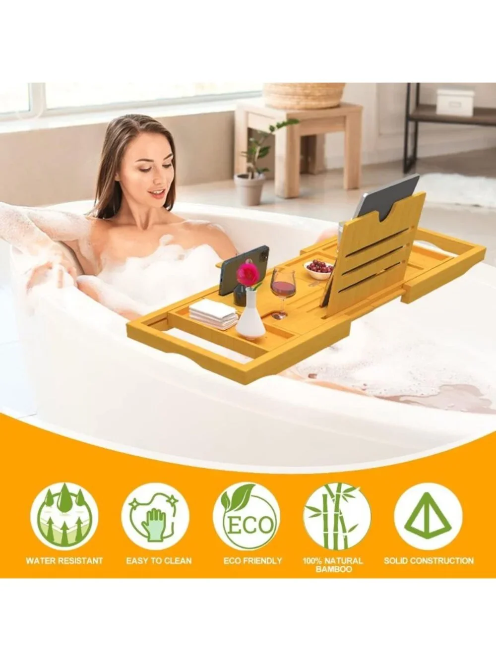 Expandable Bamboo Bathtub Tray Caddy - Fits Most Tubs, Spa Organizer & Table